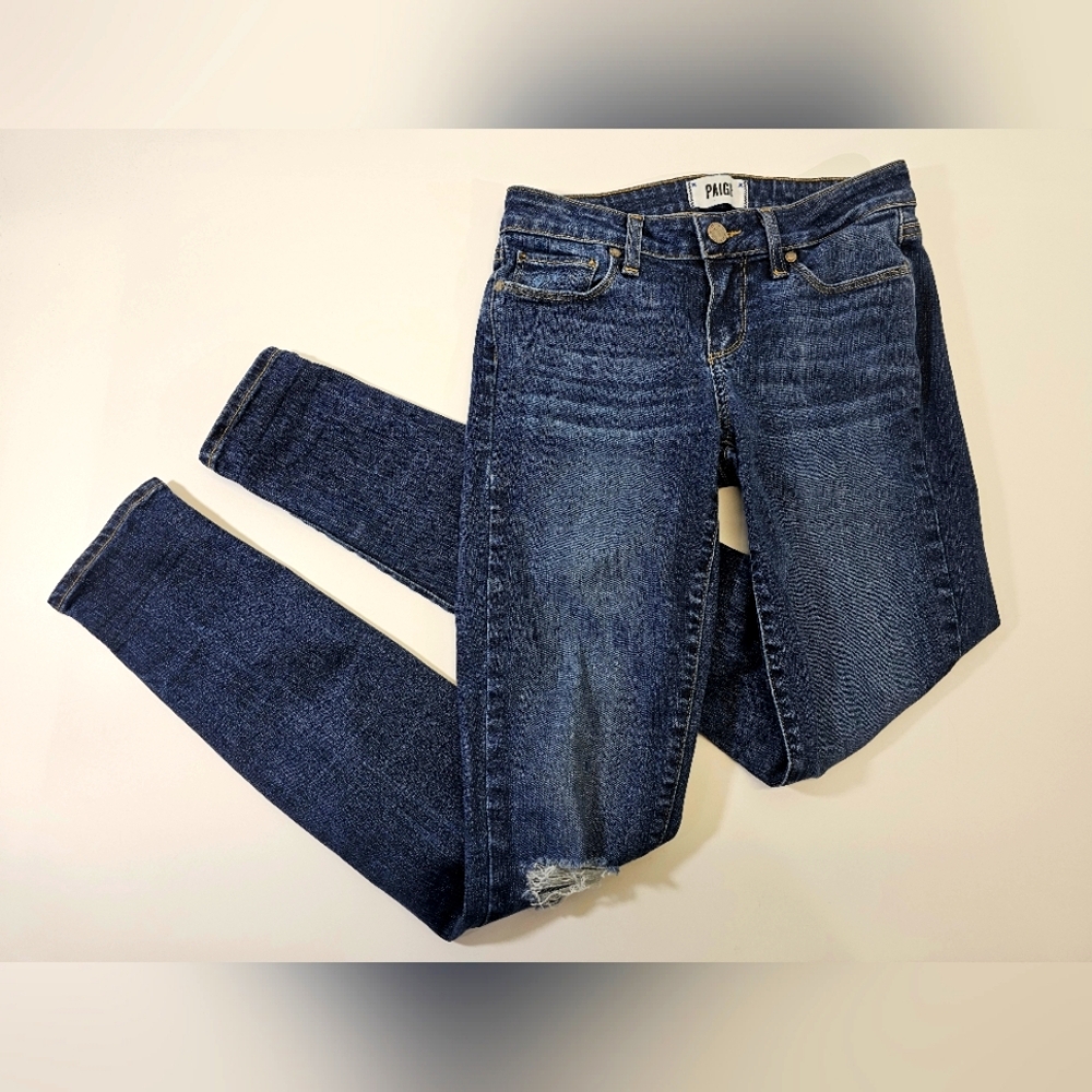 PAIGE Verdugo Ultra Skinny Jeans Women 26 Dark Blue Solid Distressed Ripped Knee